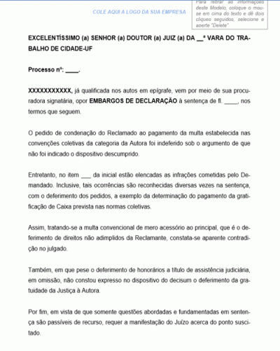 Modelo de Petição Embargos de Declaração Bancário Ausência de Multa da Convenção Coletiva