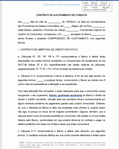 Modelo de Contrato de Ajustamento de Conduta - Alteração Contratual de Abertura de Crédito Rotativo