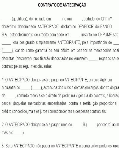 Modelo de Contrato de Antecipação de Dívida, com Garantia Pignoratícia e Depósito de Mercadorias pelo Devedor