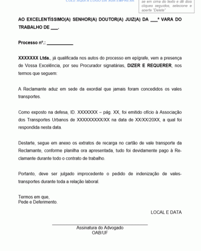 Modelo de Petição Manifestação Pedido de Juntada de Provas após Defesa Comprovação Pagamento de Vale Transporte