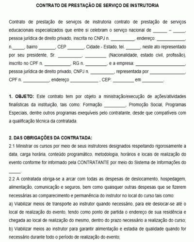 Modelo de Contrato de Prestação de Serviços de Instrutoria