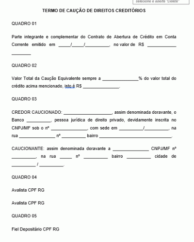 Modelo de Termo de Caução de Direitos Creditórios - Abertura de Conta Corrente