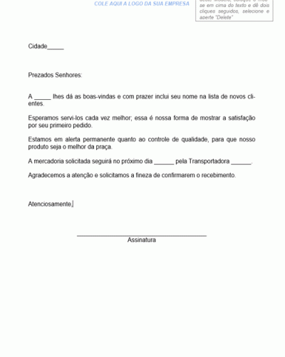 Modelo de Carta de Agradecimento e Boas Vindas a Cliente Novo e Primeiro Pedido - Modelo Simples