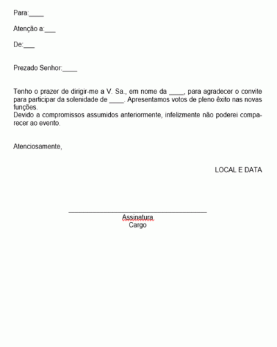 Modelo de Carta de Agradecimento por Convite para Solenidade com Cumprimentos e Aviso de não Comparecimento - Modelo Simples