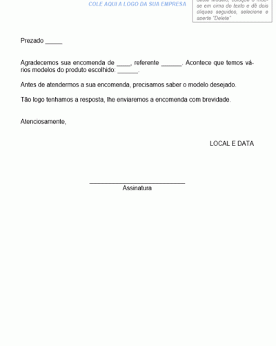 Modelo de Carta de Agradecimento por Encomenda e Solicitação de Informações Adicionais para Atendimento do Pedido - Modelo Simples