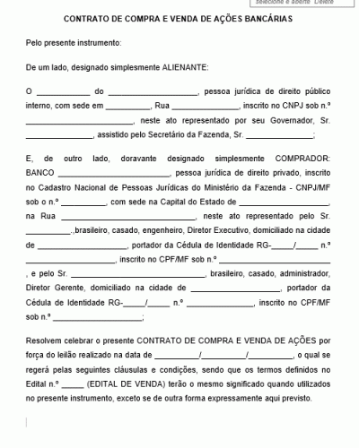 Modelo de Contrato de Compra e Venda de Ações Bancárias - Ação Bancária - Banco