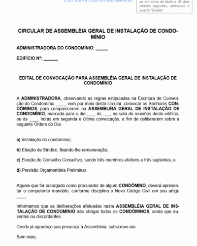 Modelo de Circular de Assembleia Geral de Instalação de Condomínio - Modelo Simples