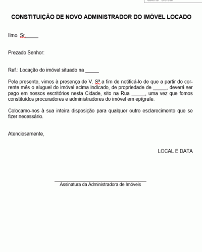 Modelo de Notificação de Constituição de Novo Administrador de Imóvel Locado - Modelo Simples