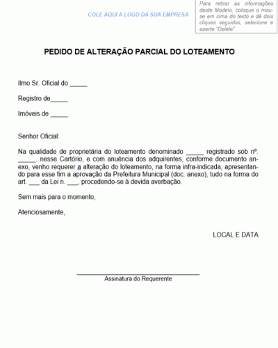 Modelo de Pedido de Alteração Parcial de Loteamento - Modelo Simples