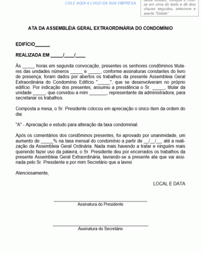 Modelo de Ata da Assembleia Geral Extraordinária de Condomínio - Modelo Simples