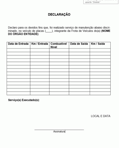 Modelo de Declaração da Oficina ou Concessionária Informando Quantos Dias o Veículo Permaneceu para Reparos e Consertos - Modelo Simples