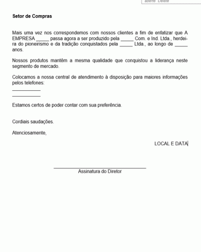 Modelo de Aviso ao Setor de Compras nova Incorporação de Empresa- Modelo Simples