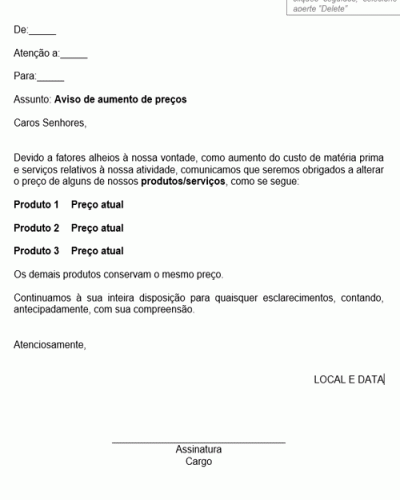 Modelo de Aviso de Aumento de Preços de Alguns Produtos Causado por Aumento de Custo de Matéria Prima- Modelo Simples