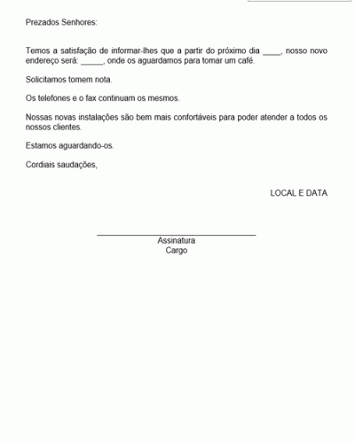 Modelo de Aviso de Mudança de Endereço sem Alteração de Telefone- Modelo Simples