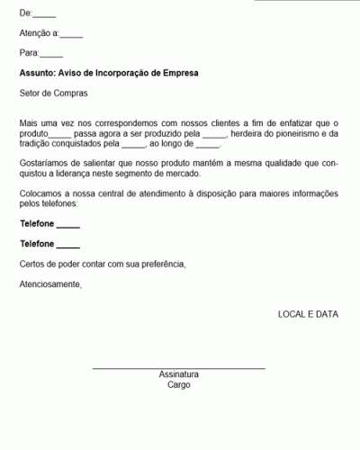 Modelo de Aviso de Venda de Empresa para Outra Empresa - Modelo Simples