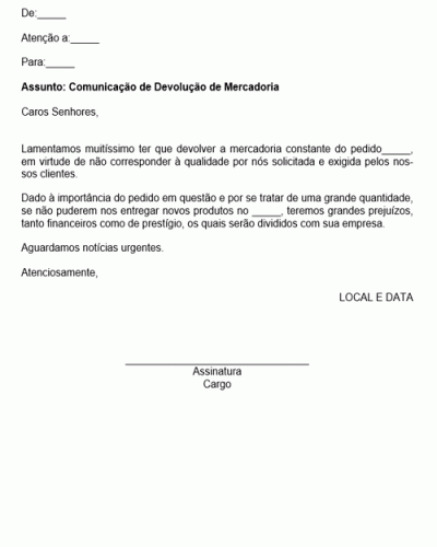 Modelo de Carta de Devolução de Mercadoria por Falta de Qualidade dos Produtos - Modelo Simples