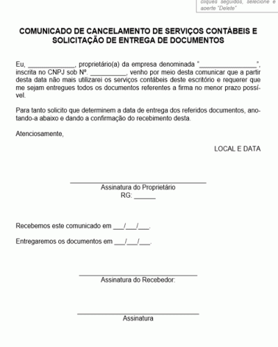 Modelo de Comunicado de Cancelamento de Serviços Contábeis e Solicitação de Entrega de Documentos - Modelo Simples