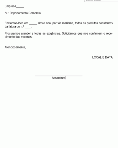 Modelo de Comunicado de Comunicado de Envio de Mercadorias - Modelo Simples