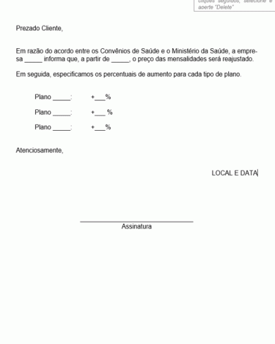 Modelo de Aviso Prestadora de Plano de Saúde Comunica Aumento nos Preços dos Convênios a Clientes - Modelo Simples