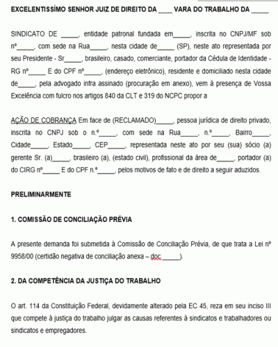 Modelo de Ação de Cobrança de Contribuição Sindical