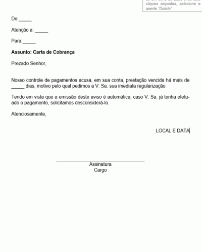 Exemplo de Envio de Carta de Cobrança - Modelo Simples