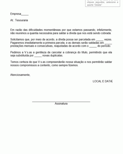 Modelo de Solicitação de Acordo para Solucionar Problema de Pagamento em Atraso - Modelo Simples