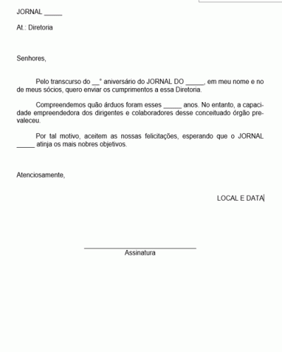 Modelo de Carta de Felicitações por Aniversário de Jornal - Modelo Simples