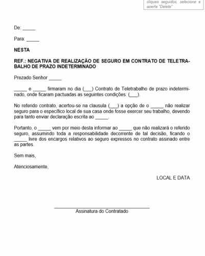 Modelo de Carta de Negativa de Realização de Seguro em Contrato de Teletrabalho de Prazo Indeterminado - Modelo Simples