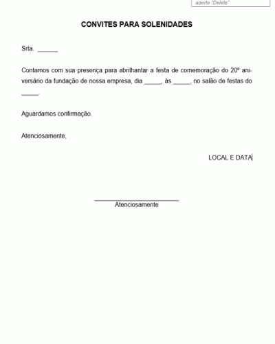 Modelo de Convite para Solenidade em Comemoração ao Aniversário de 20 Anos de Fundação - Modelo Simples