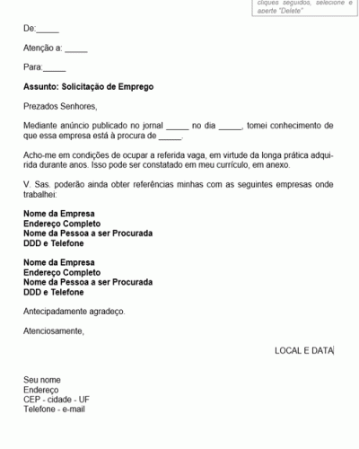 Modelo de Candidatura a Emprego Anunciado em Jornal com Indicação de Referências - Modelo Simples