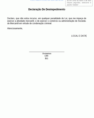 Modelo de Declaração de Desimpedimento - Modelo Simples