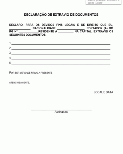 Modelo de Declaração de Extravio de Documentos - Modelo Simples