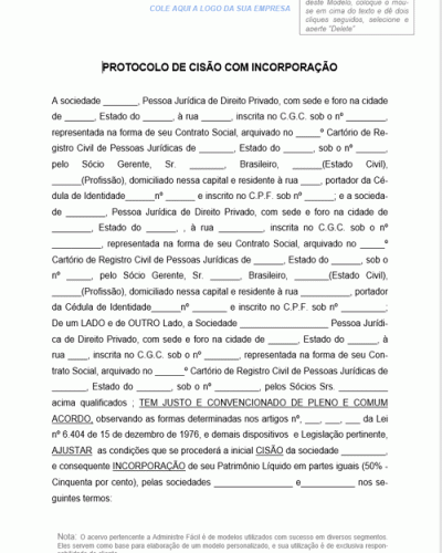 Modelo de Protocolo de Cisão com Incorporação - Modelo Simples