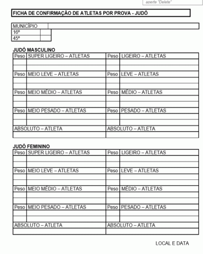 Modelo de Ficha de Confirmação de Atleta por Prova Judô - Modelo Simples