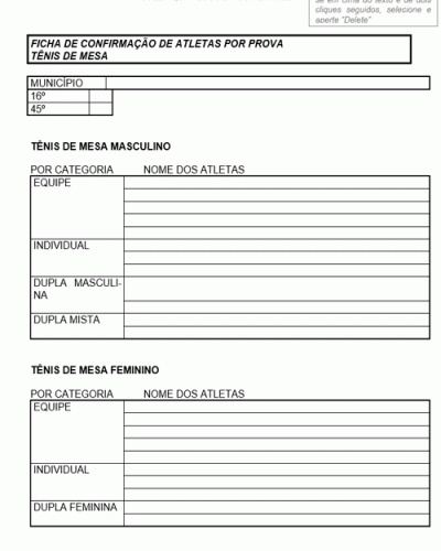 Modelo de Ficha de Confirmação de Atleta por Prova Tênis de Mesa - Modelo Simples