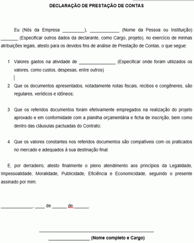 Modelo de Declaração de Prestação de Contas