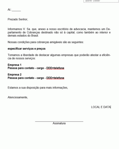 Modelo de Oferecimento de Serviços de Cobrança - Modelo Simples