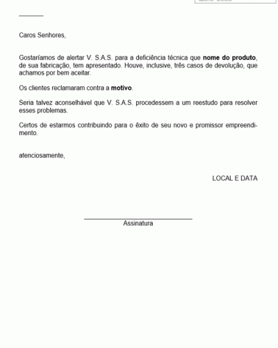 Modelo de Reclamação por Deficiência Técnica - Modelo Simples