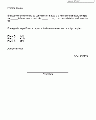 Modelo de Aumento nos Preços dos Convênios - Modelo Simples