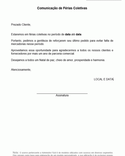 Modelo de Comunicação de Férias Coletivas - Modelo Simples