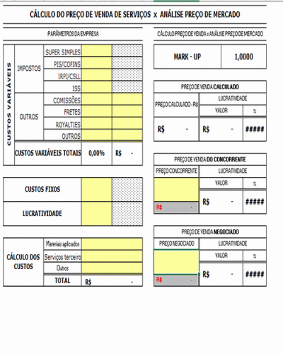 Modelo de Planilha de Calculo do Preço de Venda de Serviços ou Comercio e Análise de Preço do Mercado