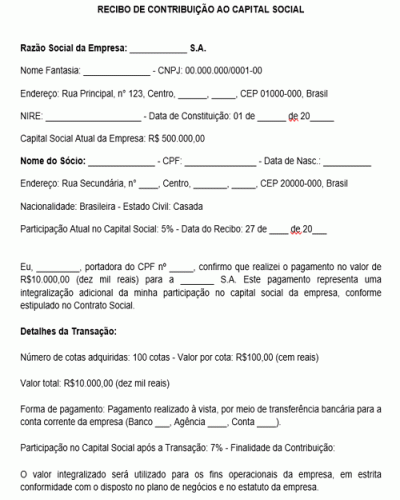 Modelo de Recibo de Pagamento Cota Capital Social