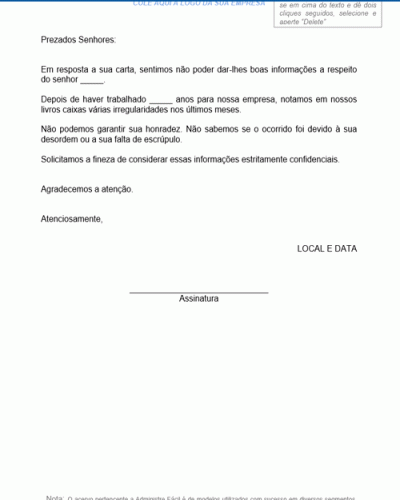 Modelo de Resposta Negativa Gerente Financeiro - Modelo Simples