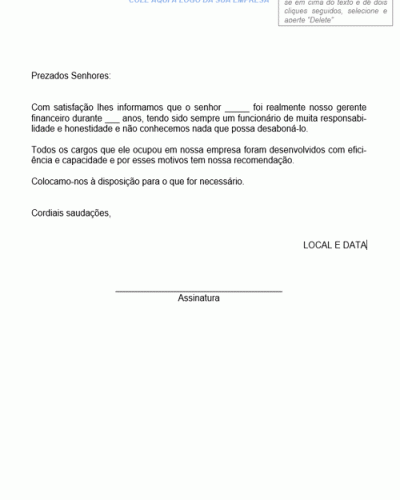 Modelo de Resposta Positiva Gerente Financeiro - Modelo Simples