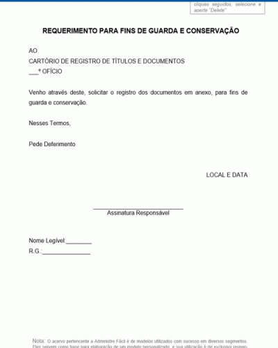 Modelo de Requerimento para Fins de Guarda e Conservação - Modelo Simples