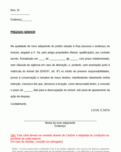 Modelo de Notificação do Novo Adquirente Denunciando a Locação - Modelo Simples