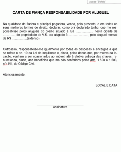 Modelo de Carta de Fiança Responsabilidade por Aluguel - Modelo Simples