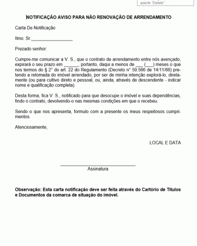 Modelo de Notificação Aviso para não Renovação de Arrendamento - Modelo Simples