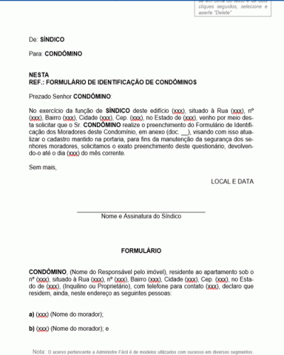 Modelo de Carta Solicitando o Preenchimento de Formulário de Identificação de Condôminos - Modelo Simples