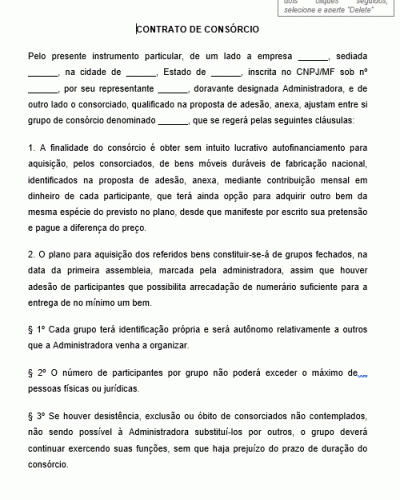 Modelo de Contrato de Adesão a Consórcio, Cujo Objeto Constitui-se na Aquisição de Bens Duráveis